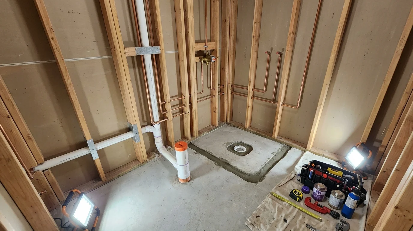 Bathroom rough-in plumbing during remodel by Johns Plumbing LLC in Los Lunas