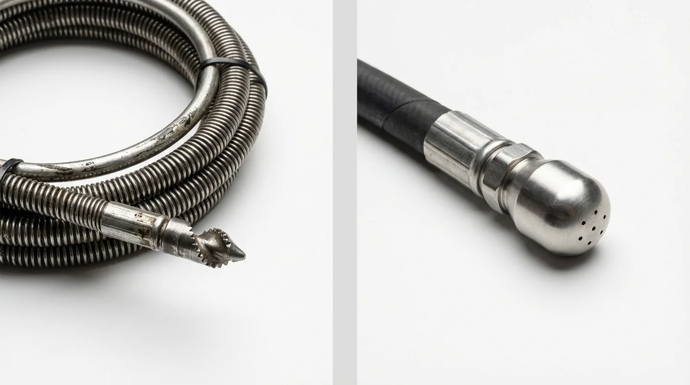 Drain snake cable and hydro jetting nozzle used for drain cleaning in Los Lunas, NM