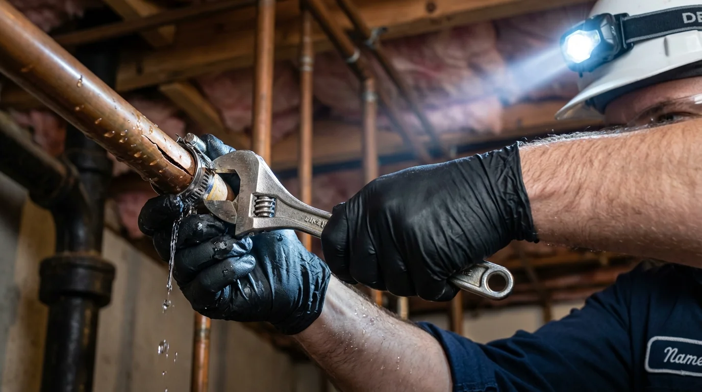 Emergency pipe clamp repair being performed by a Johns Plumbing LLC plumber in Los Lunas