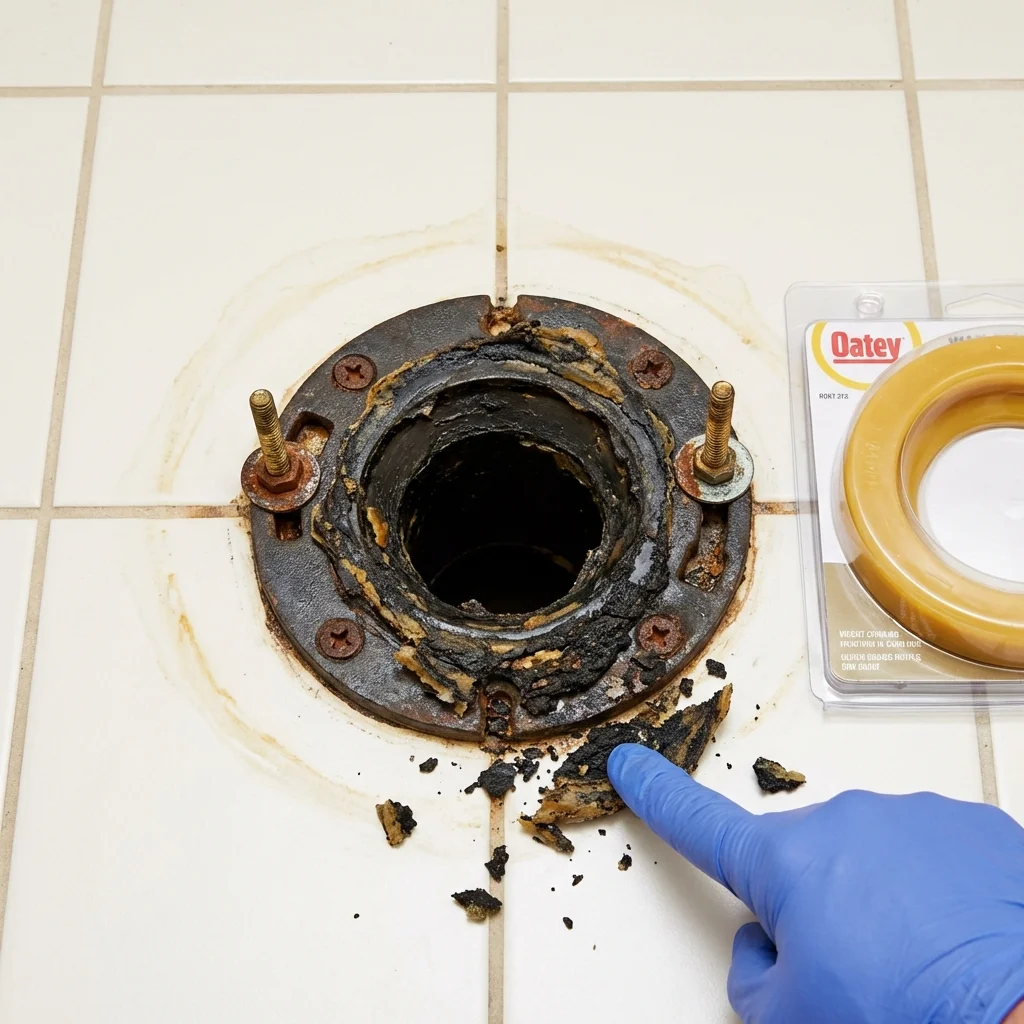 Failed wax ring showing water seepage at the base of a toilet in a Los Lunas, NM home
