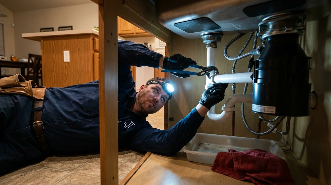 P-trap and supply line connections under a kitchen sink showing a common leak point in Los Lunas, NM